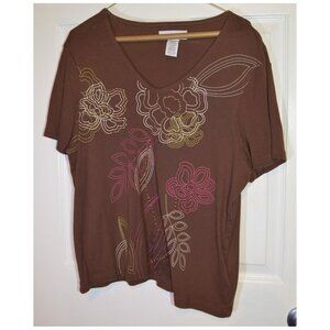 Sag Harbor Embroidered Blouse Brown Short Sleeve Shirt Size XL